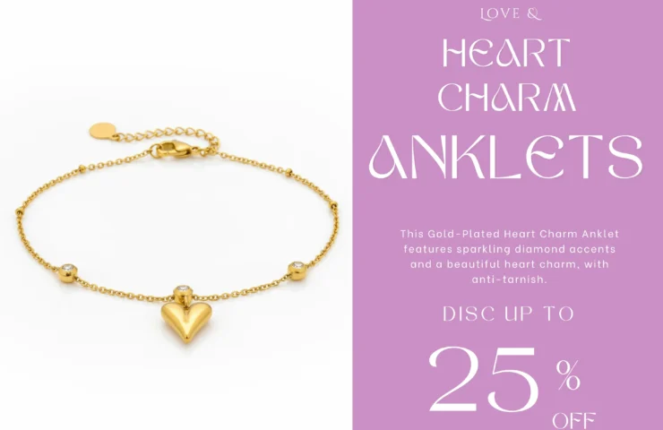 Gold-Plated Heart Charm Anklet with Diamond Accents View 2 - Trendy Jewel