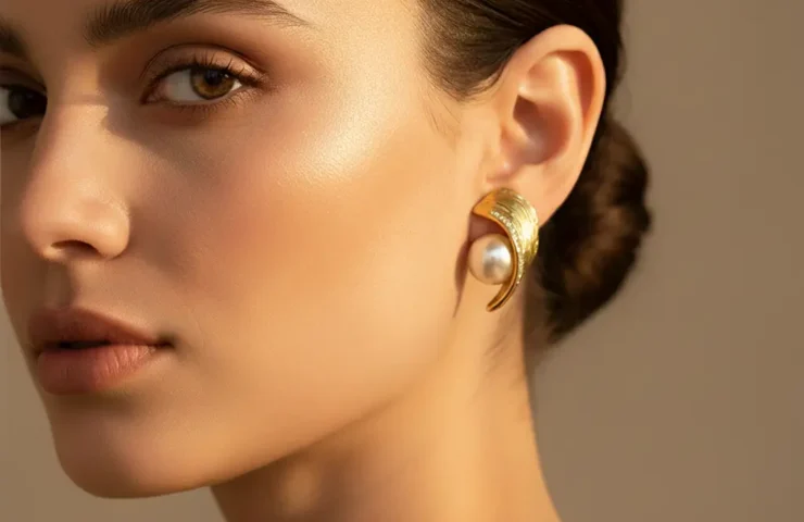 Gold Plated Pearl Earrings with Wave Design View 1 - Trendy Jewel
