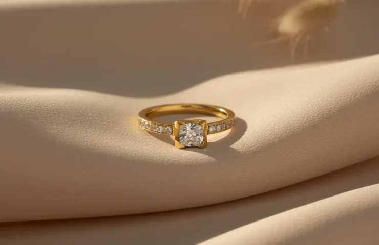 Gold Plated Solitaire Ring with Diamond-Like Stones View 1 - Trendy Jewel