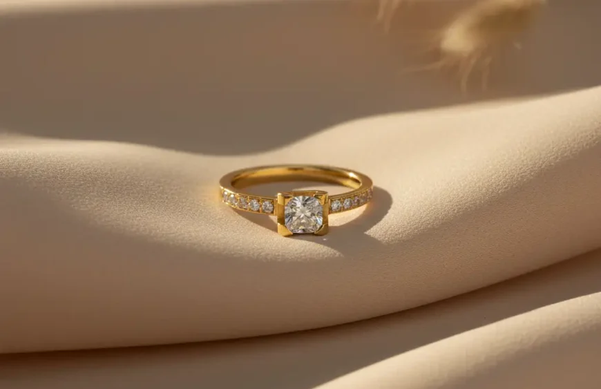Gold Plated Solitaire Ring with Diamond-Like Stones View 1 - Trendy Jewel