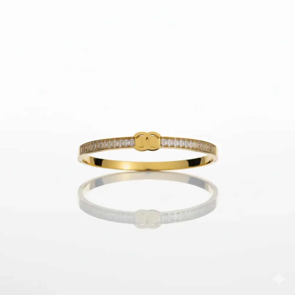 Gold Plated Bangle with Diamond-Like Stones & Logo | Trendy Jewel | Anti-Tarnish Jewellery for Women