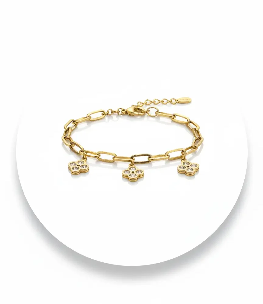 Gold Plated Clover Charm Link Bracelet | Trendy Jewel | Anti-Tarnish Jewelry for Women | Adjustable Nickel-Free