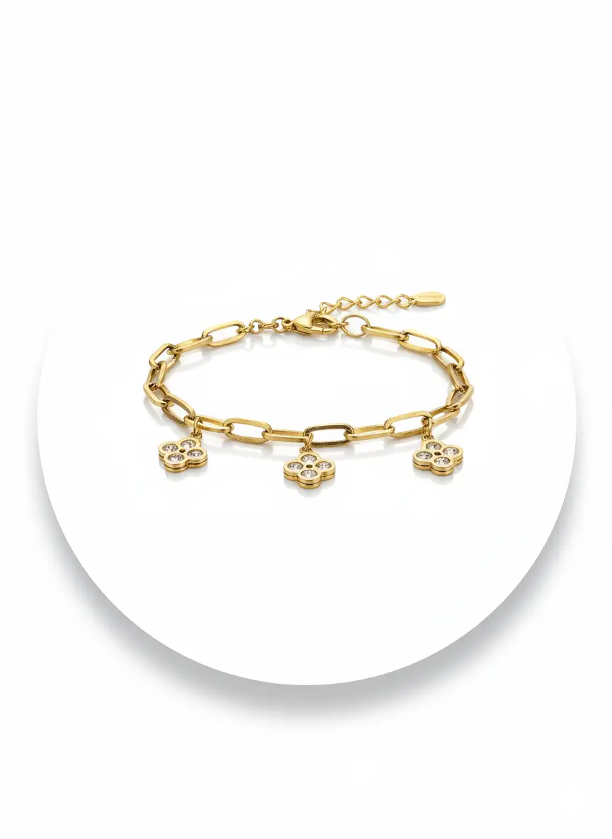 Gold Plated Clover Charm Link Bracelet | Trendy Jewel | Anti-Tarnish Jewelry for Women | Adjustable Nickel-Free