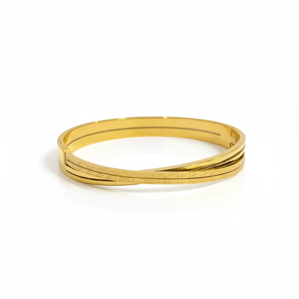 Gold Plated Crossover Engraved Bangle | Trendy Jewel | Anti-Tarnish Jewellery for Women | Minimal High-Polish Design