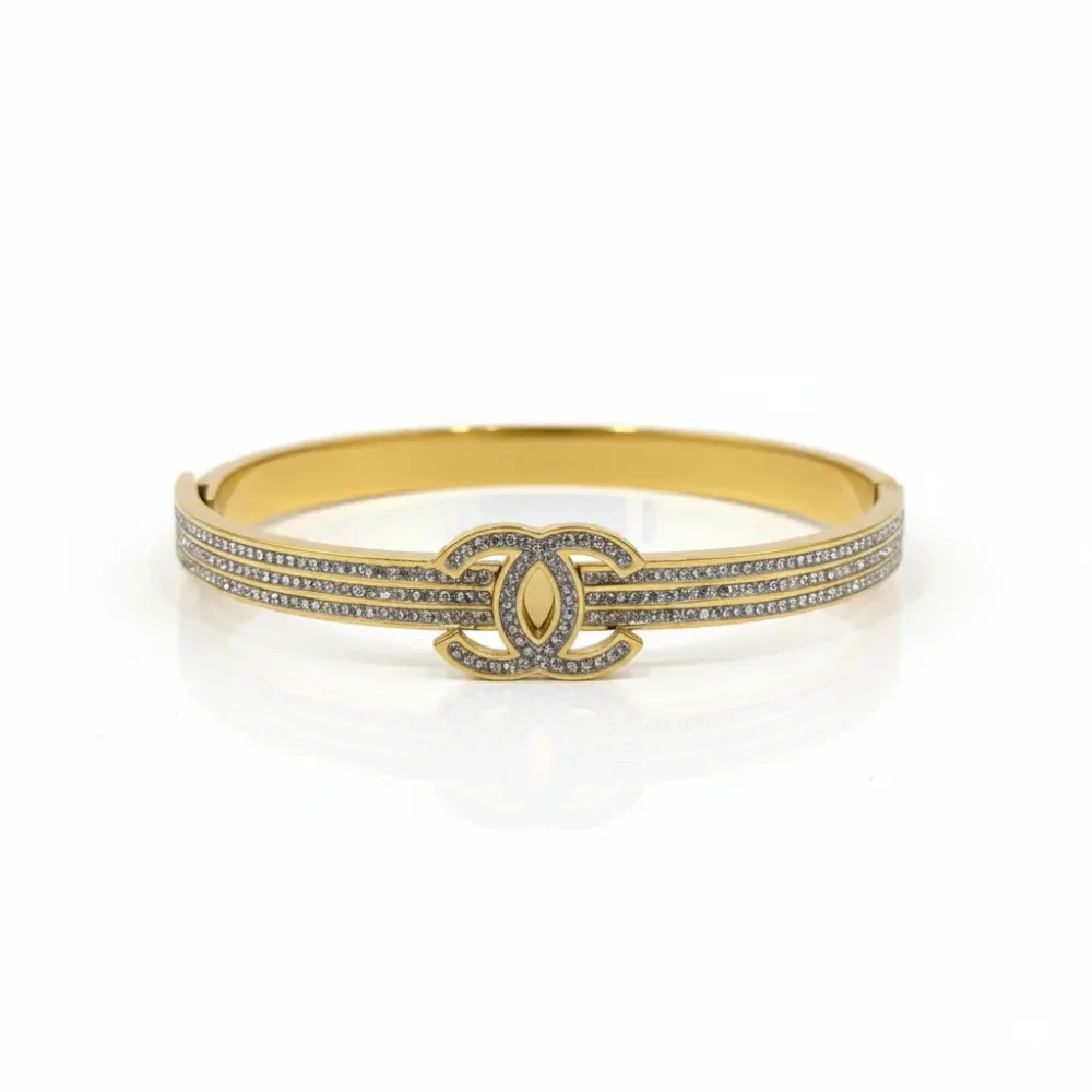 Gold Plated CZ Bangle Bracelet | Trendy Jewel | Anti-Tarnish Jewellery for Women | Elegant Interlocking Emblem Design