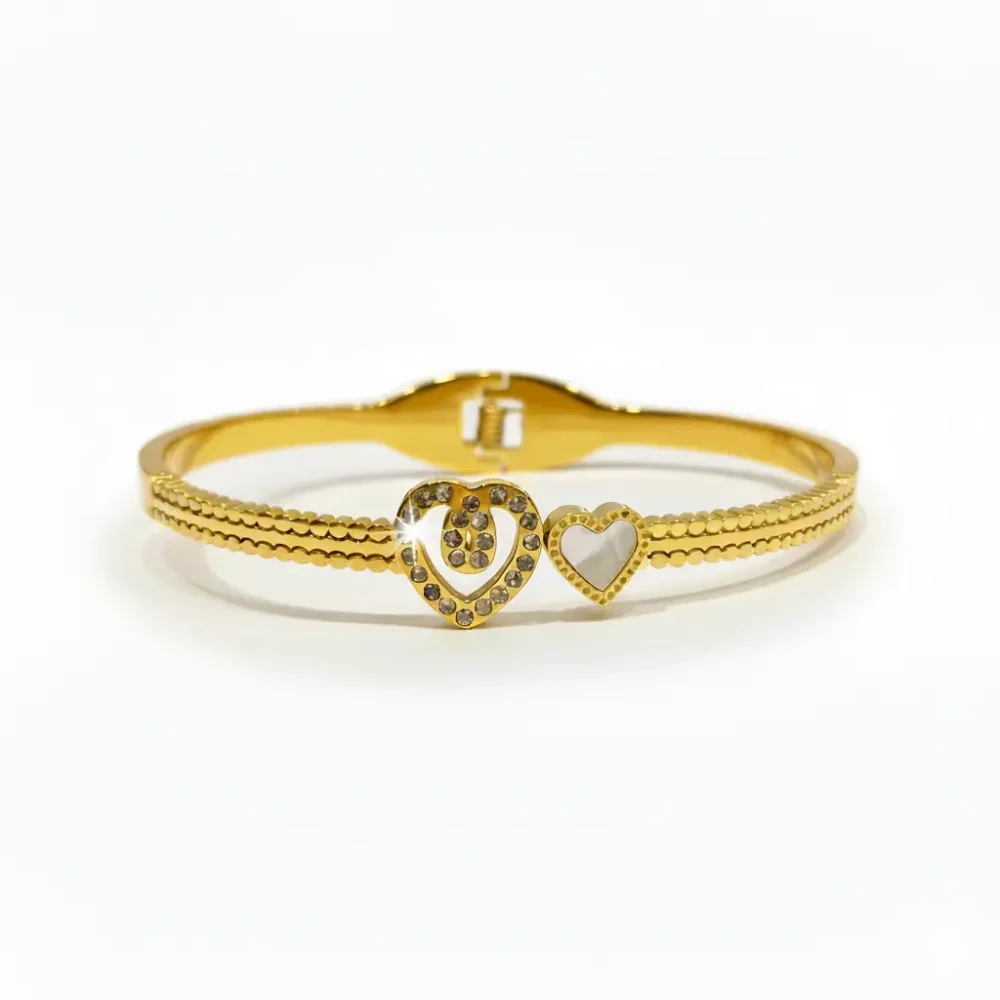 Gold Plated Double Heart Bangle | Trendy Jewel | Anti-Tarnish Jewellery for Women | CZ & Enamel Accent