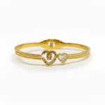 Gold Plated Double Heart Bangle | Trendy Jewel | Anti-Tarnish Jewellery for Women | CZ & Enamel Accent