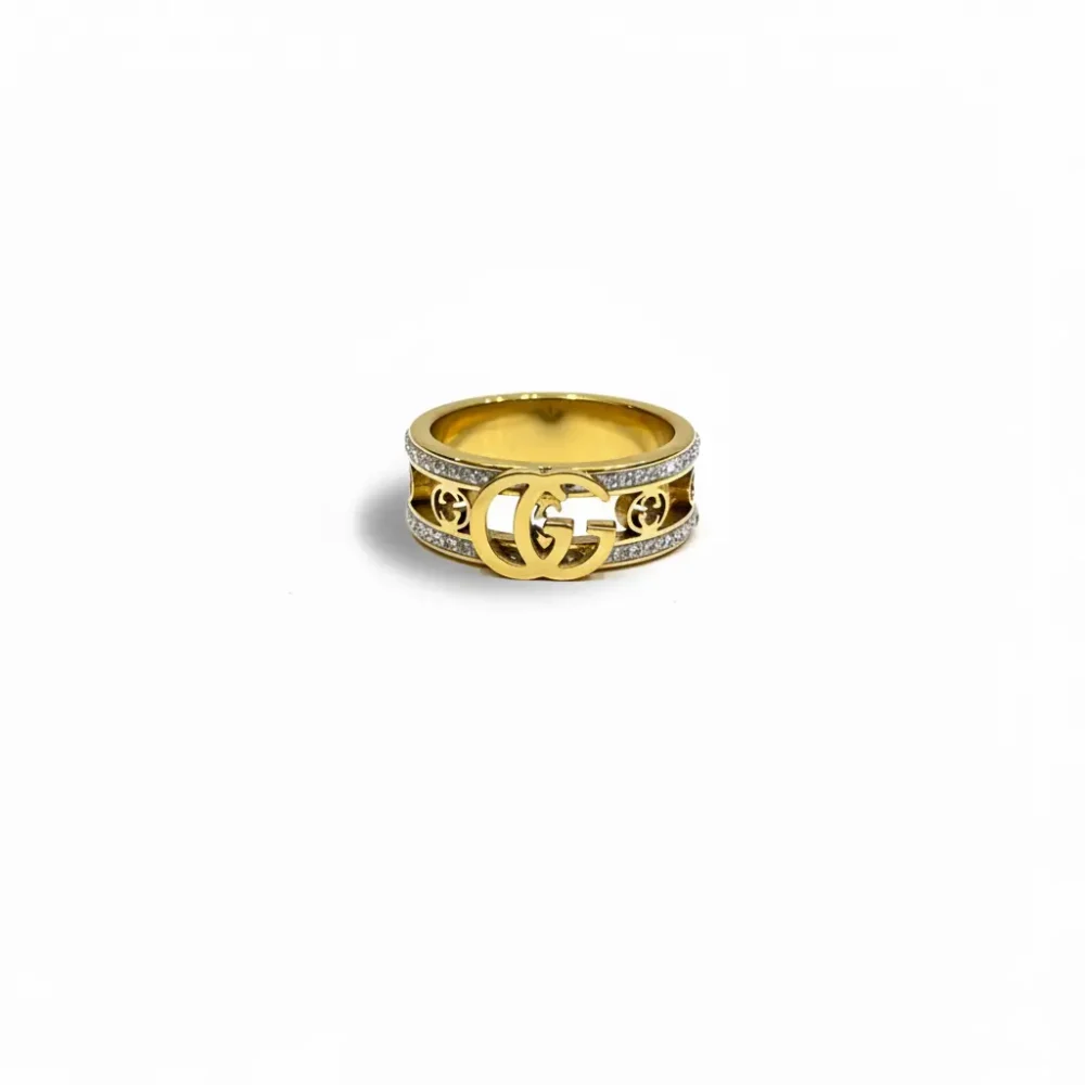 Gold Plated Emblem Open Band Ring | Trendy Jewel | Anti-Tarnish Jewellery for Women | CZ Pavé Edges