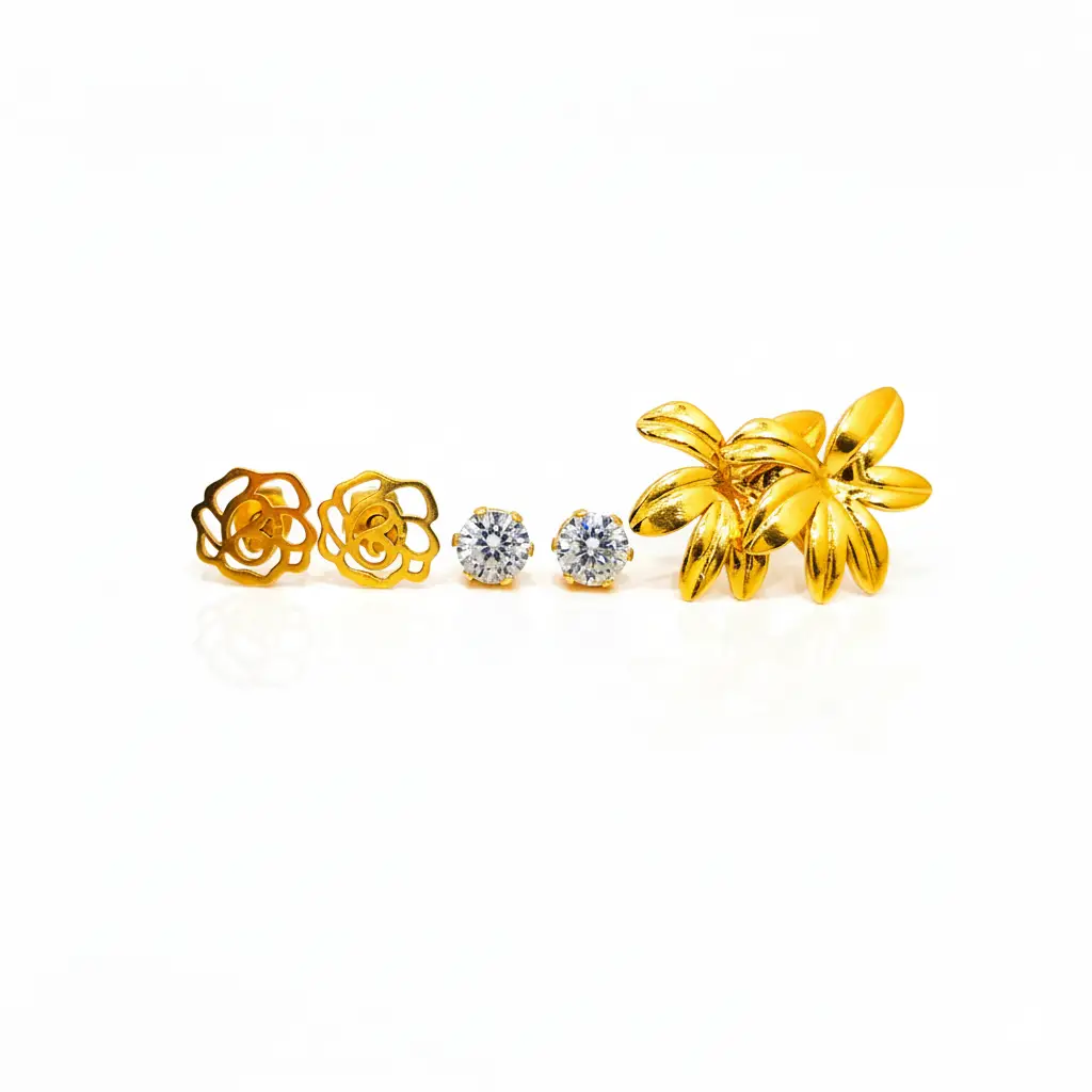 Gold Plated Flower & Crystal Earrings Set - Trendy Jewel