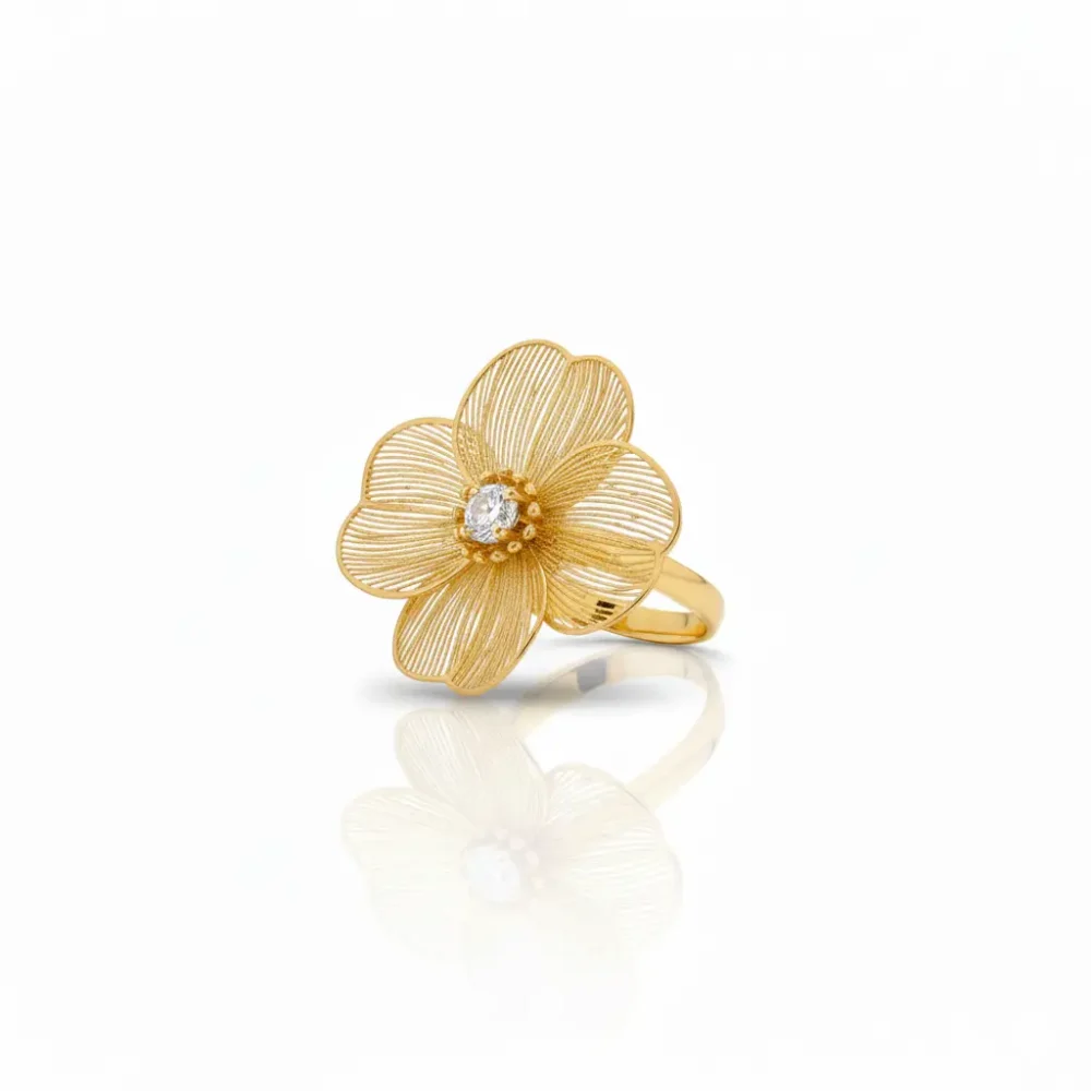 Gold Plated Flower Design Ring with Diamond-Like Center | Trendy Jewel | Anti-Tarnish Jewellery for Women