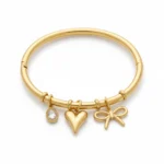 Anti-Tarnish Gold Charm Bangle Bracelet | Heart, Bow & Crystal | Trendy Jewel | Skin-Friendly Nickel-Free | Hinged Comfort Fit