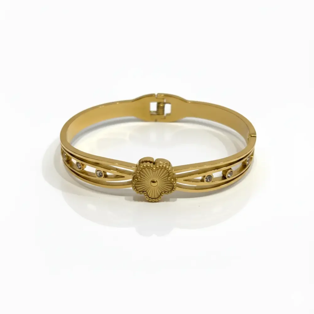 Gold Plated Clover Bangle Bracelet | Trendy Jewel | Anti-Tarnish Jewellery for Women | CZ Stone Accents