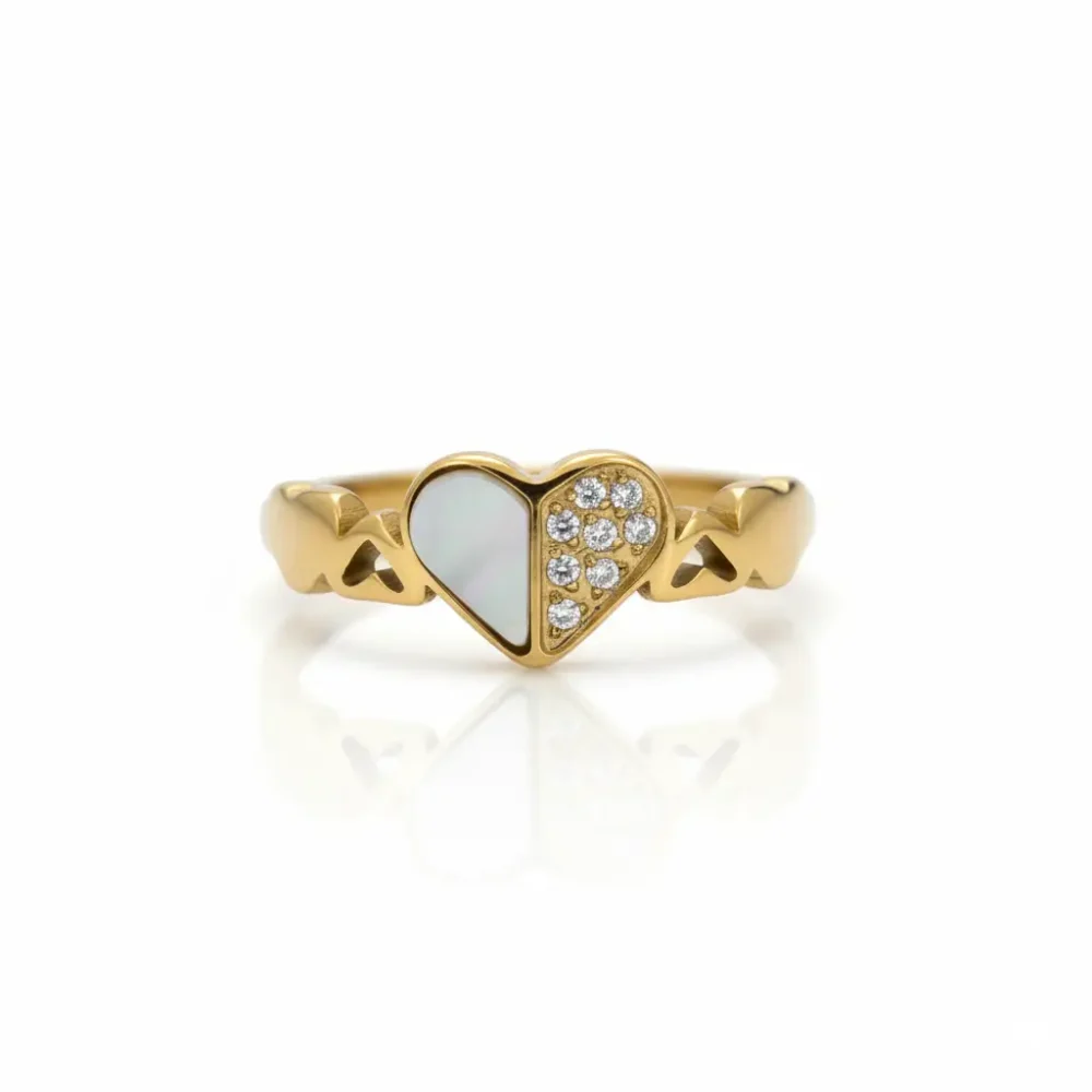 Mother of Pearl Heart Ring | Trendy Jewel | Anti-Tarnish Gold Plated | Crystal Studded | Adjustable, Skin-Friendly Jewellery for Women