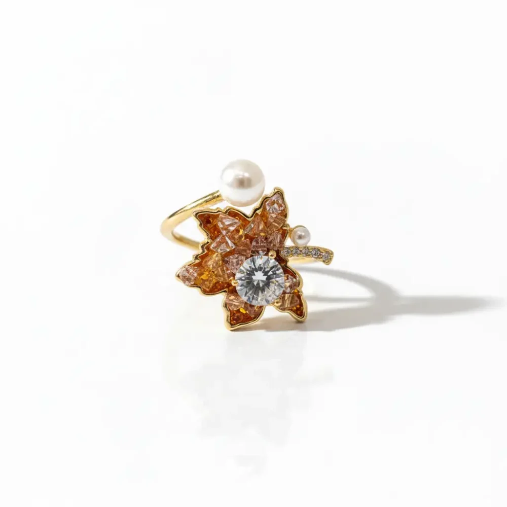 Gold-Plated Leaf Ring with Diamond & Pearl Accent | Trendy Jewel | Anti-Tarnish Jewellery for Women