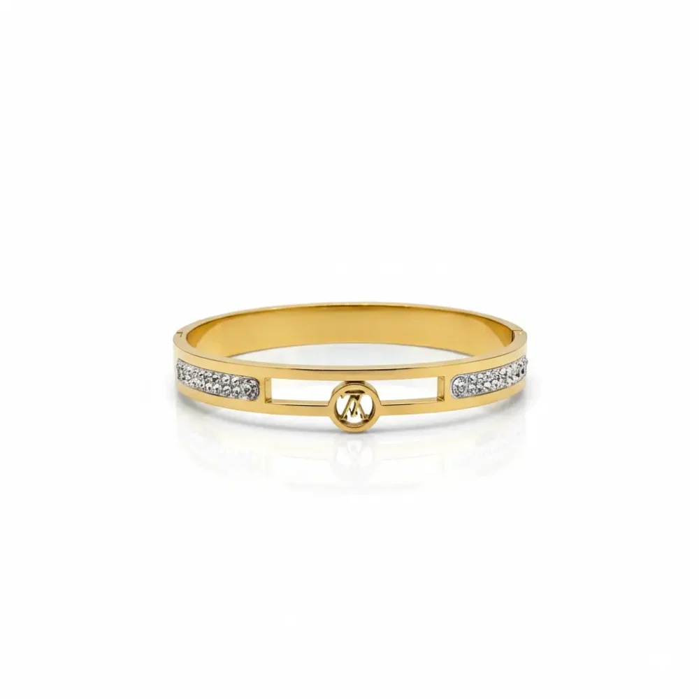 Gold Plated Open-Bar Emblem Bangle | Trendy Jewel | Anti-Tarnish Jewellery for Women | CZ Pavé Sides