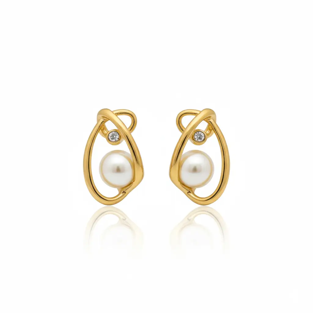 Gold Plated Pearl Earrings with Diamond-Like Stones - Trendy Jewel