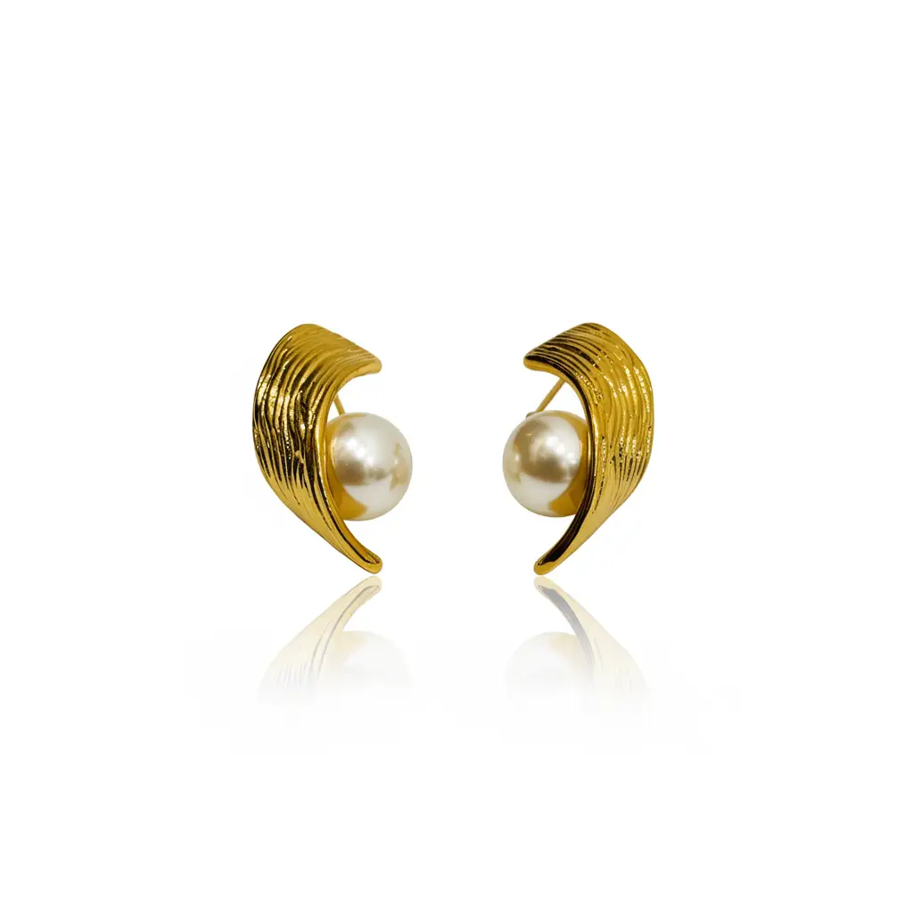 Gold Plated Pearl Earrings with Wave Design - Trendy Jewel