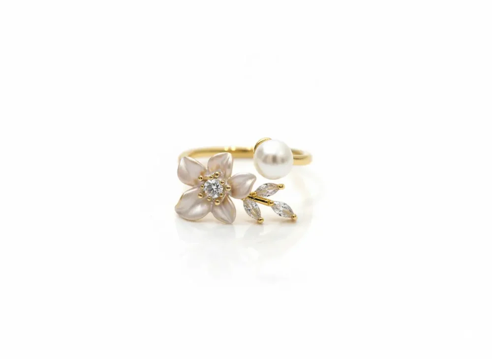 Gold Plated Pearl Flower Adjustable Ring | Trendy Jewel | Anti-Tarnish Jewellery for Women | CZ Leaf Design