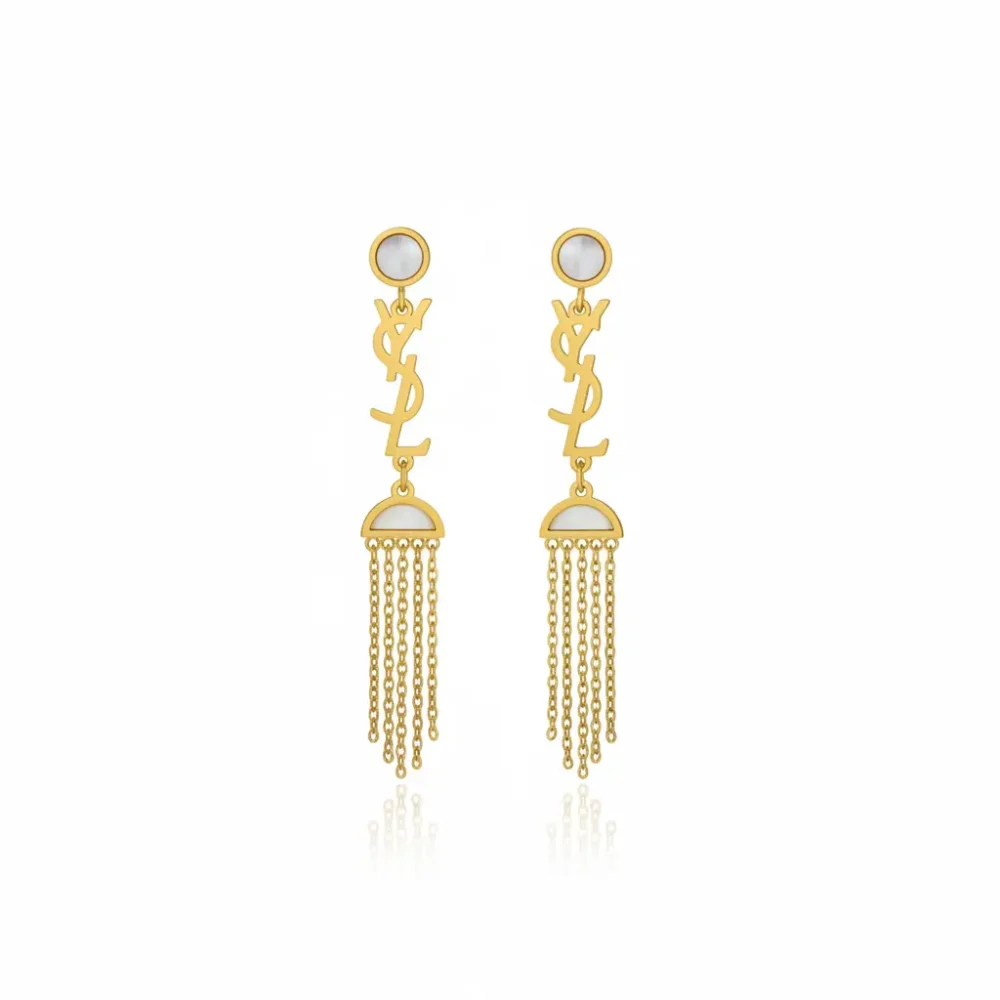 Gold Plated YSL Earrings | Trendy Jewel | Chain Tassel Design with White Stone