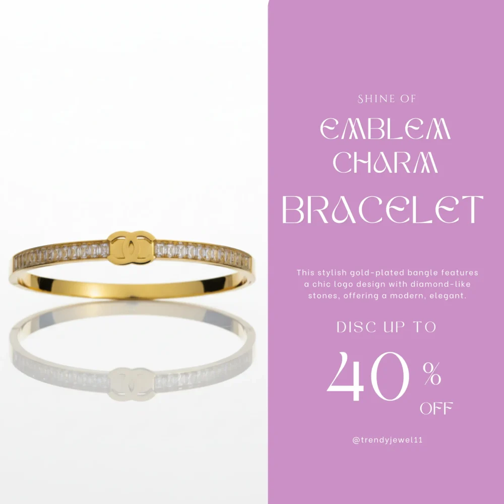 Gold Plated Bangle with Diamond-Like Stones & Logo | Trendy Jewel | Anti-Tarnish Jewellery for Women