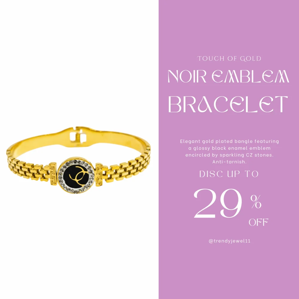 Gold Plated Black Enamel Emblem Bangle | Trendy Jewel | Anti-Tarnish Jewellery for Women | CZ Halo | Chain-Link Band