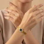 Gold Plated Black Enamel Emblem Bangle | Trendy Jewel | Anti-Tarnish Jewellery for Women | CZ Halo | Chain-Link Band