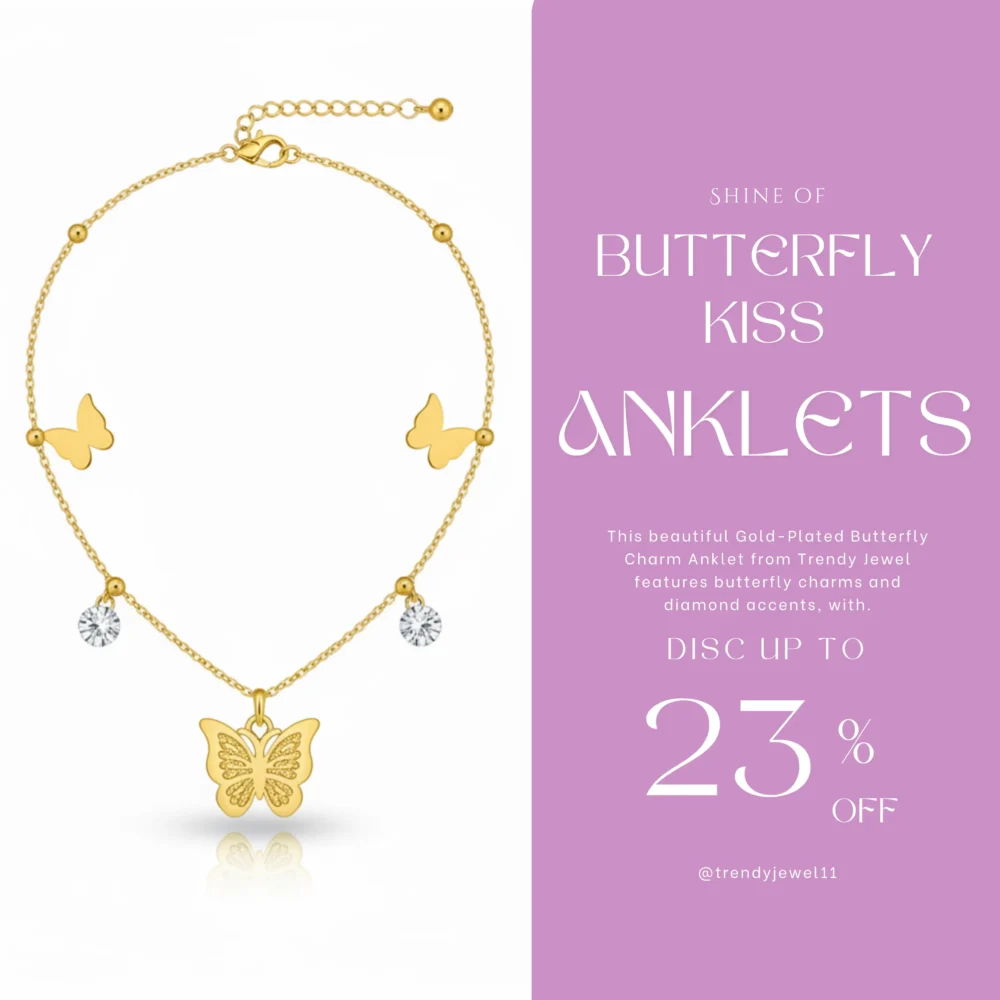 Gold-Plated Butterfly Charm Anklet with Diamond Accents | Trendy Jewel | Anti-Tarnish Jewellery for Women