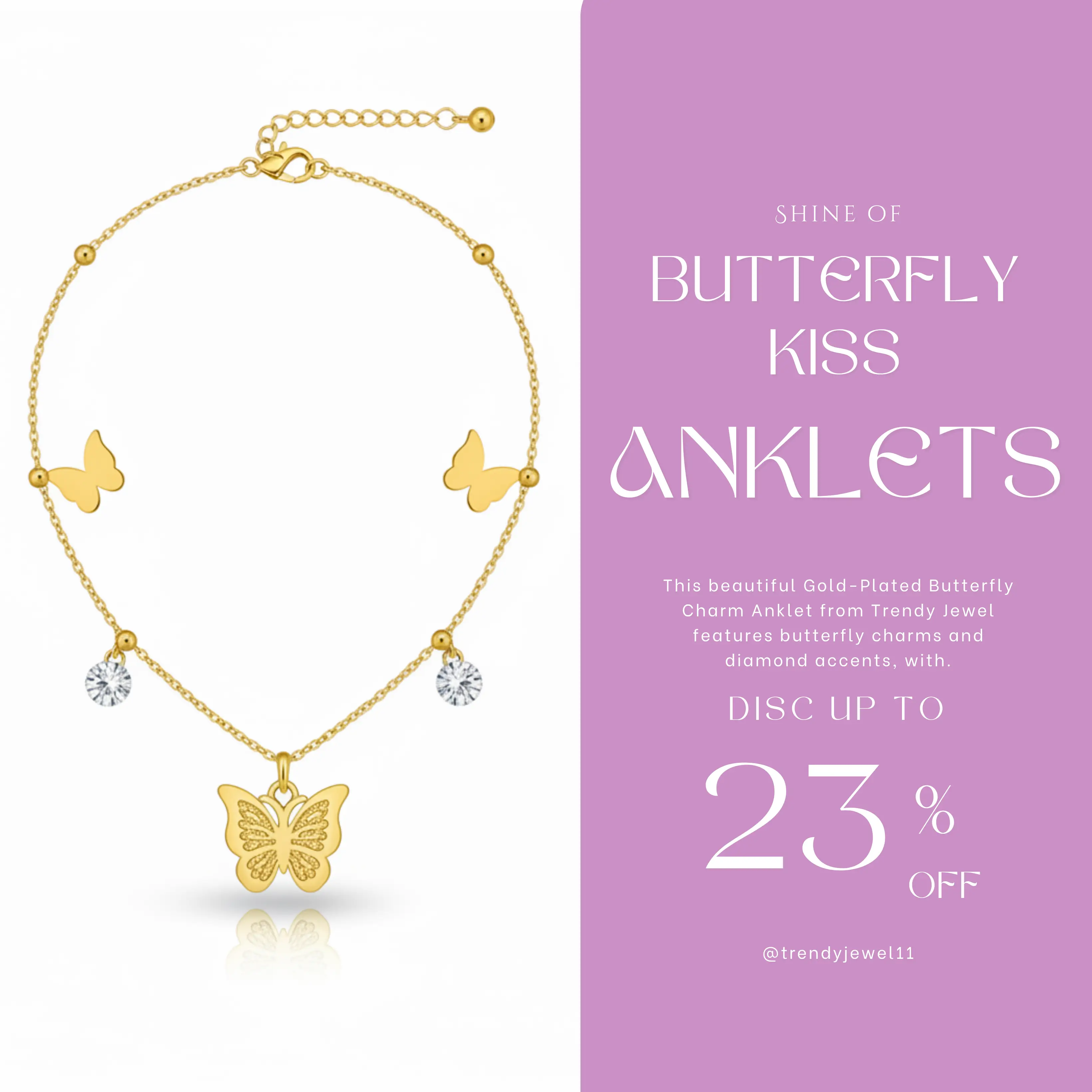 gold plated butterfly charm anklet with diamond accents
