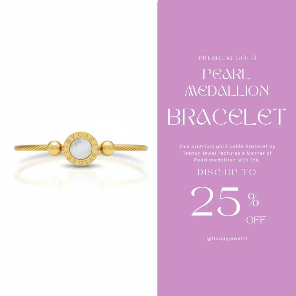 Trendy Jewel Anti-Tarnish Gold Cable Bracelet | BVLGARI Logo | Mother of Pearl Medallion | Premium Jewelry for Women