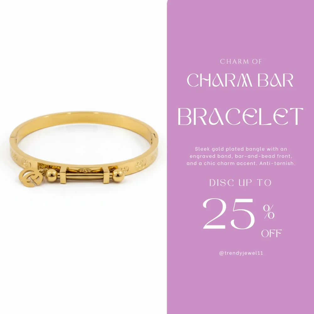 Gold Plated Charm Bar Bangle | Trendy Jewel | Anti-Tarnish Jewellery for Women | Engraved Band Design