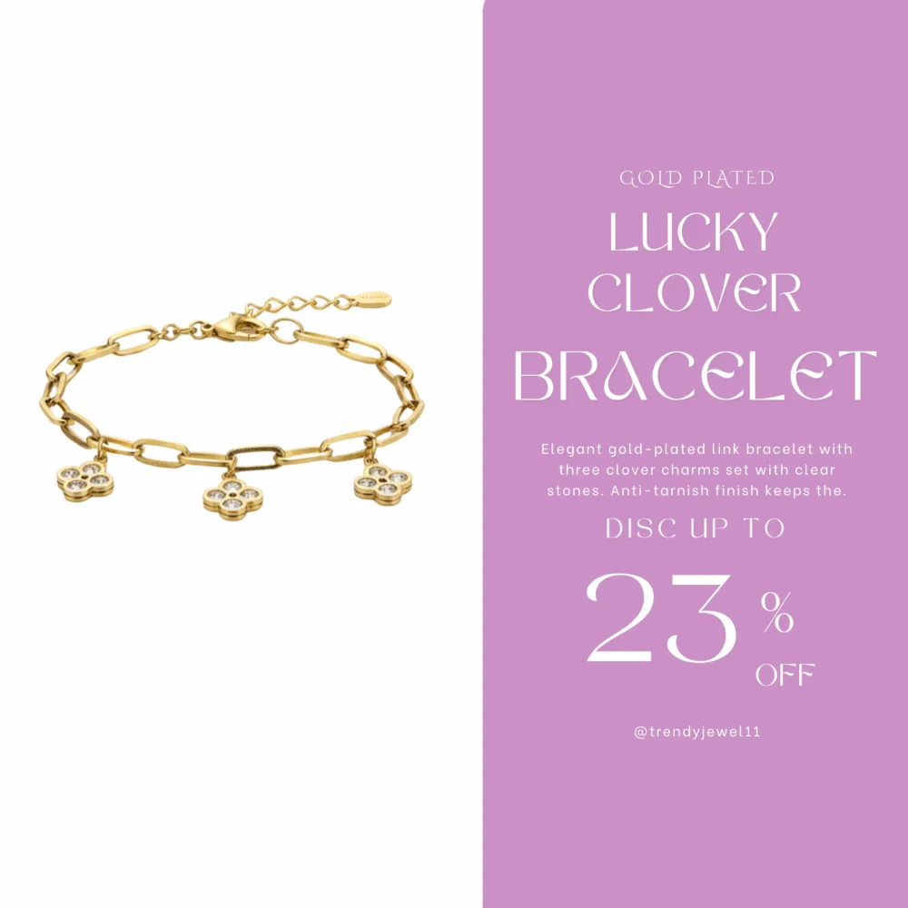 Gold Plated Clover Charm Link Bracelet | Trendy Jewel | Anti-Tarnish Jewelry for Women | Adjustable Nickel-Free