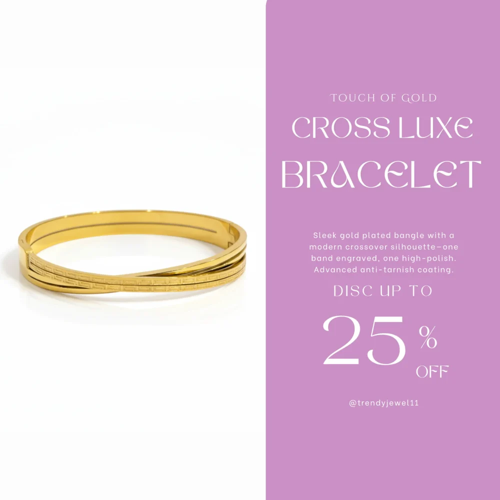 Gold Plated Crossover Engraved Bangle | Trendy Jewel | Anti-Tarnish Jewellery for Women | Minimal High-Polish Design