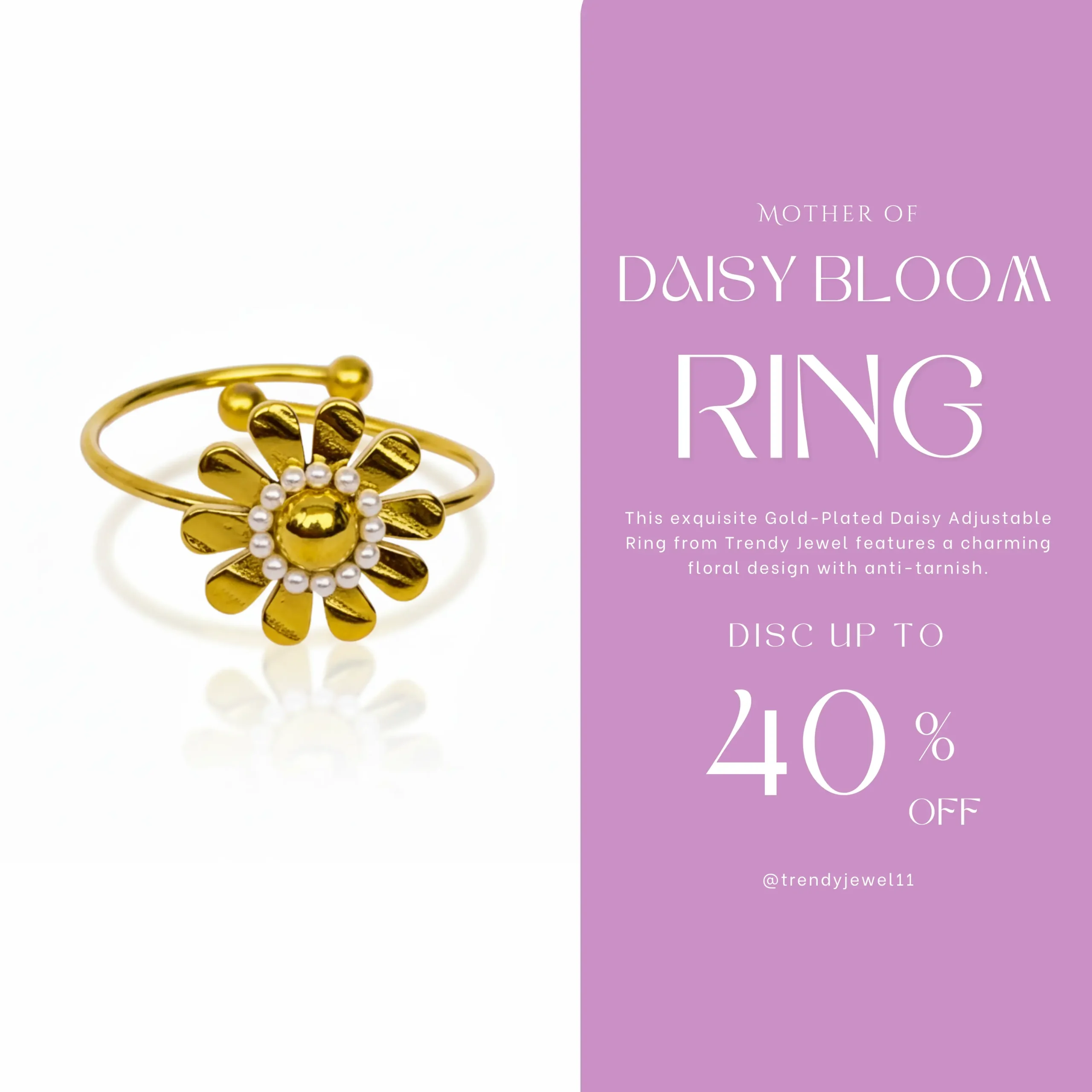 Gold-Plated Daisy Adjustable Ring View 2 - Trendy Jewel