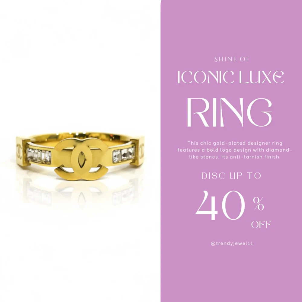 Gold Plated Designer Ring with Logo and Diamond-Like Stones | Trendy Jewel | Anti-Tarnish Jewellery for Women