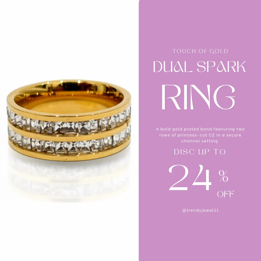 Gold Plated Double Row CZ Band Ring | Trendy Jewel | Anti-Tarnish Jewellery for Women | Princess-Cut Channel Setting