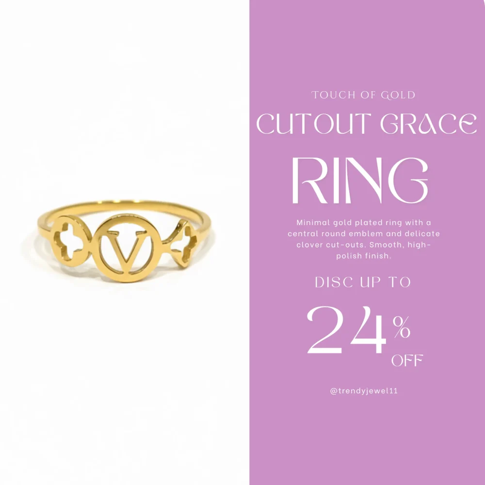 Gold Plated Emblem Cut-Out Ring | Trendy Jewel | Anti-Tarnish Jewellery for Women | Clover Side Motifs