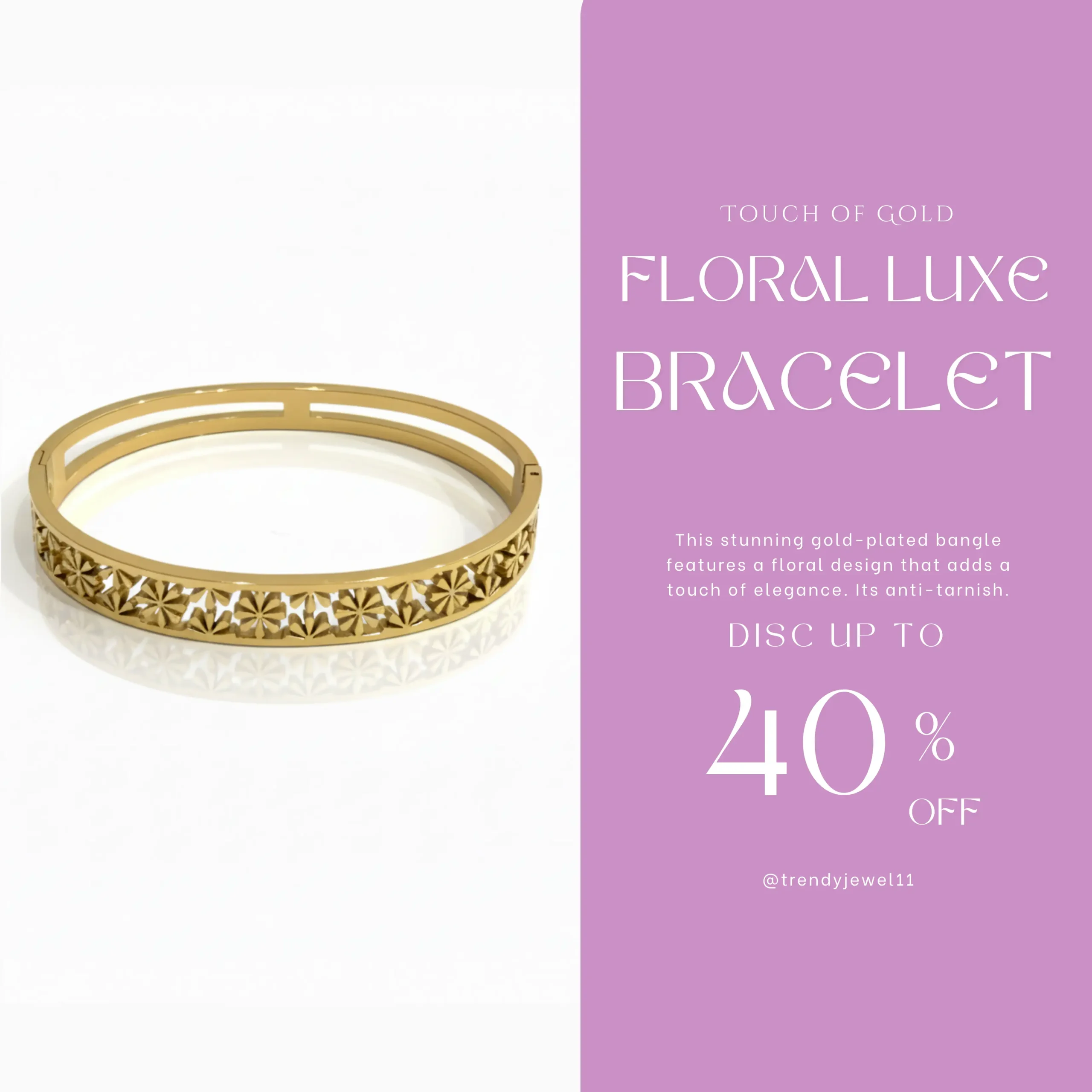 Gold Plated Floral Design Bangle View 2 - Trendy Jewel