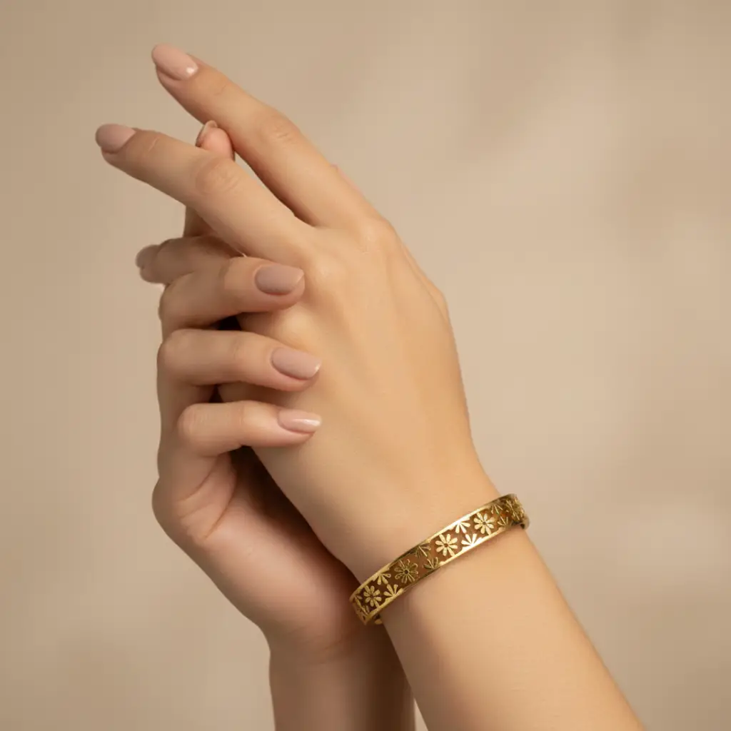 Gold Plated Floral Design Bangle View 1 - Trendy Jewel