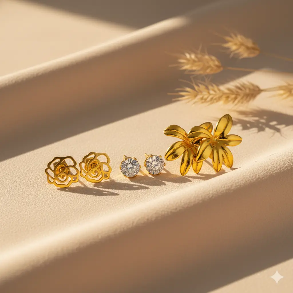 Gold Plated Flower & Crystal Earrings Set View 1 - Trendy Jewel