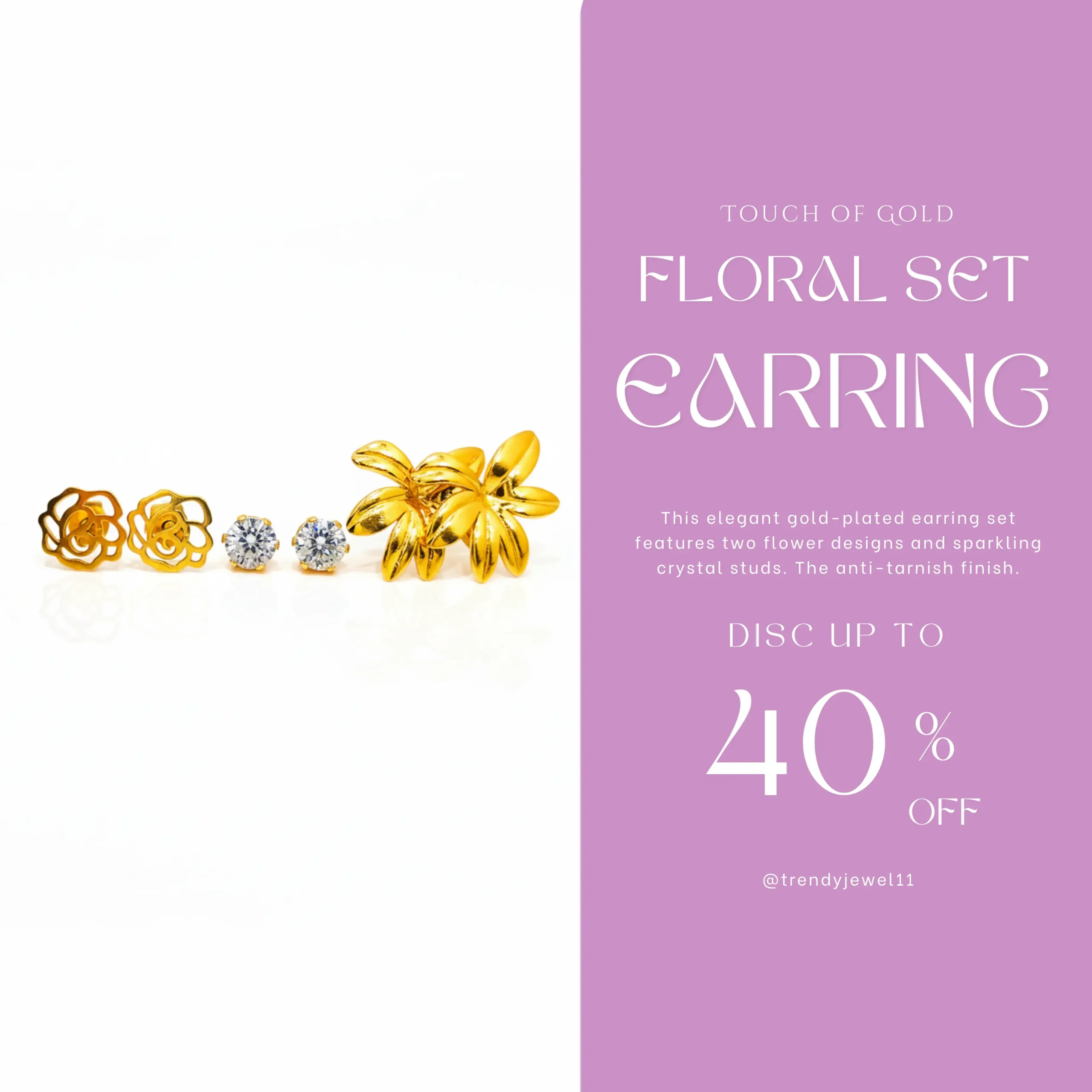 Gold Plated Flower & Crystal Earrings Set View 2 - Trendy Jewel