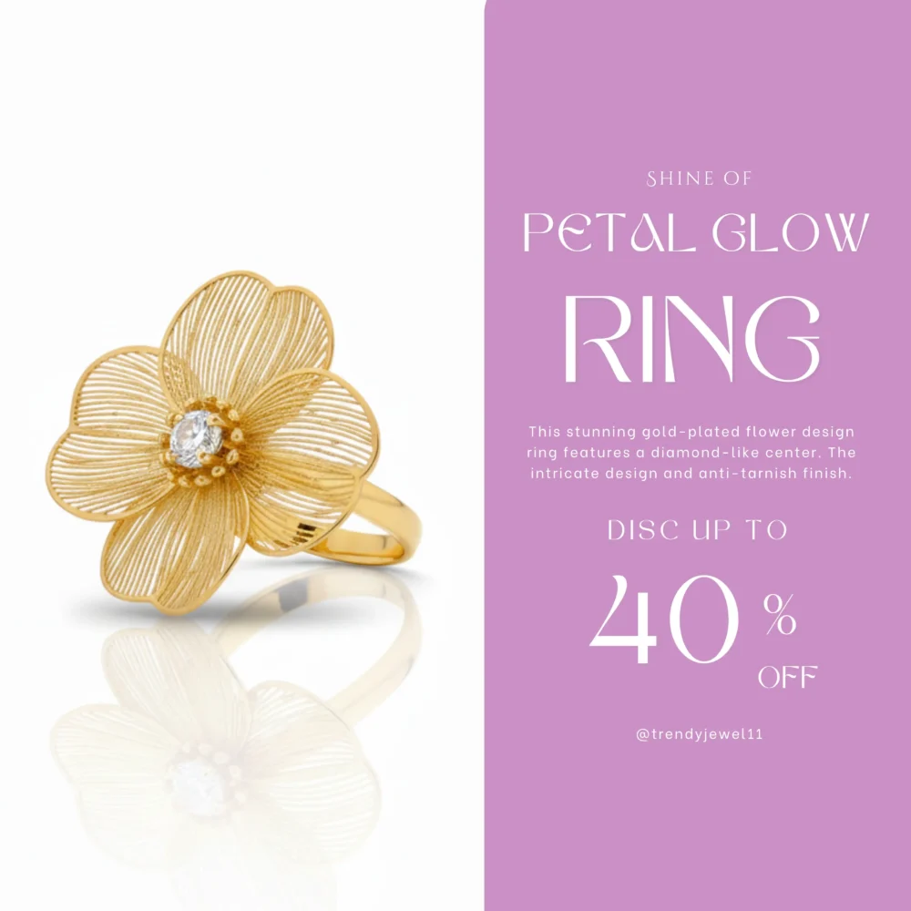 Gold Plated Flower Design Ring with Diamond-Like Center | Trendy Jewel | Anti-Tarnish Jewellery for Women