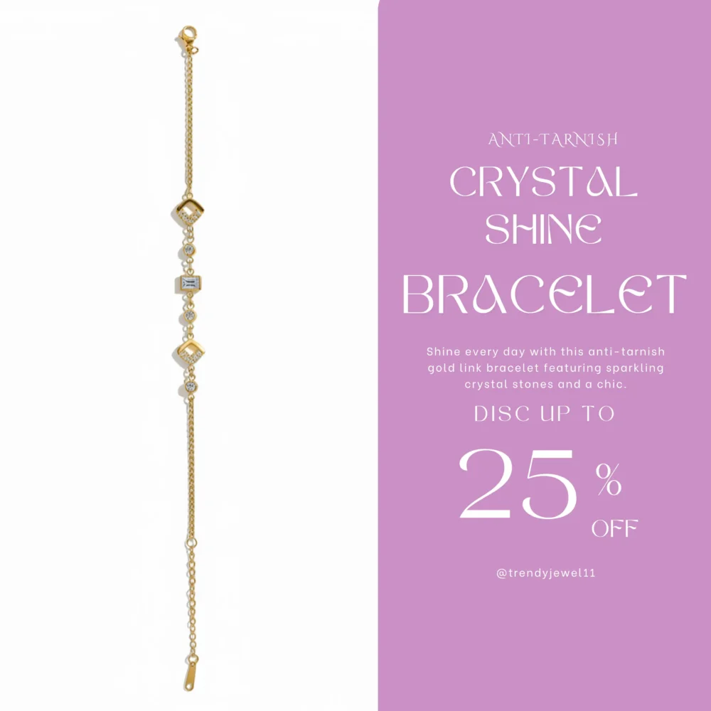 Anti-Tarnish Geometric Roman Numeral Gold Link Bracelet | Trendy Jewel | Adjustable Nickel-Free Chain | Crystal Stone Bracelet for Women