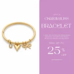 Anti-Tarnish Gold Charm Bangle Bracelet | Heart, Bow & Crystal | Trendy Jewel | Skin-Friendly Nickel-Free | Hinged Comfort Fit