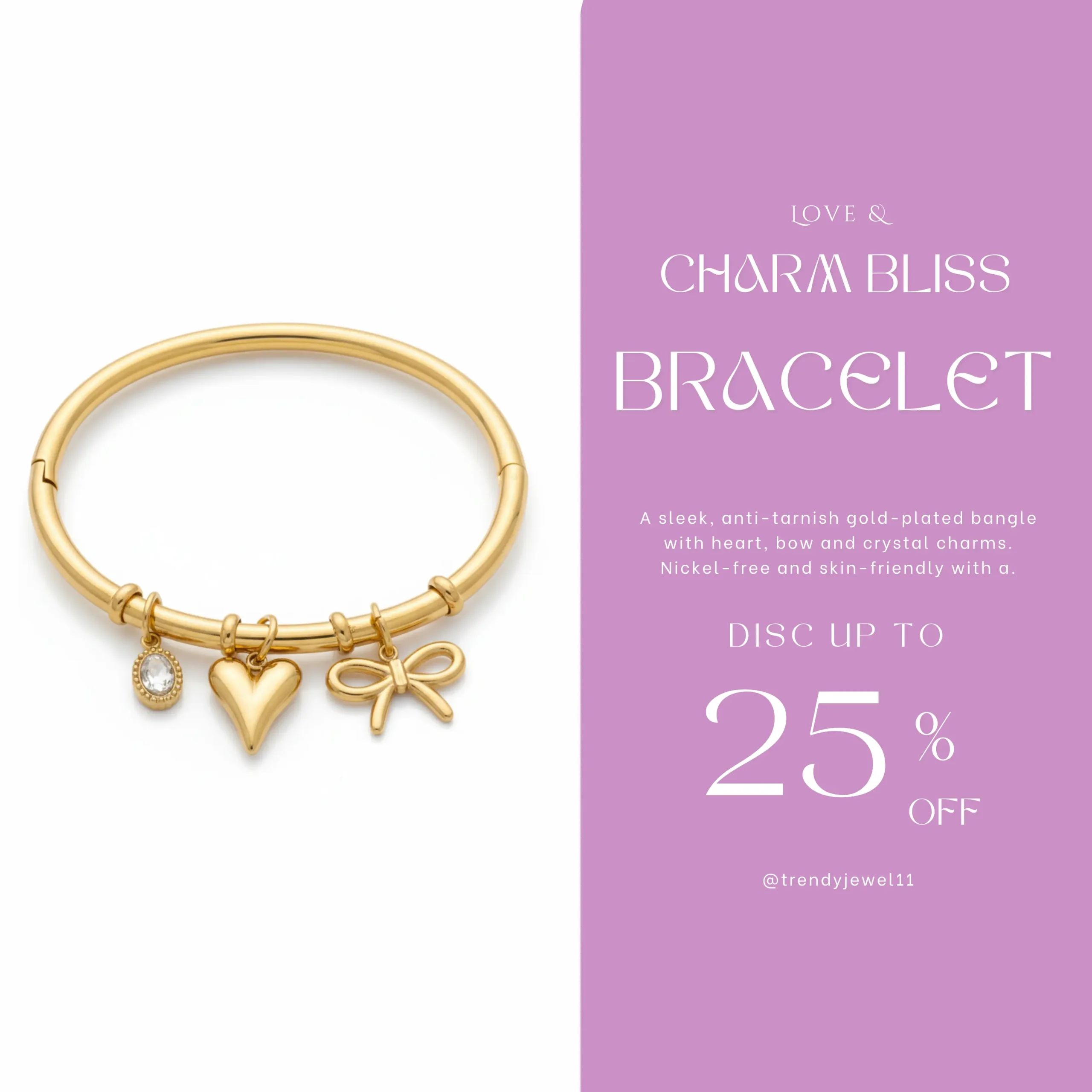 Anti-Tarnish Gold Charm Bangle Bracelet View 2 - Trendy Jewel