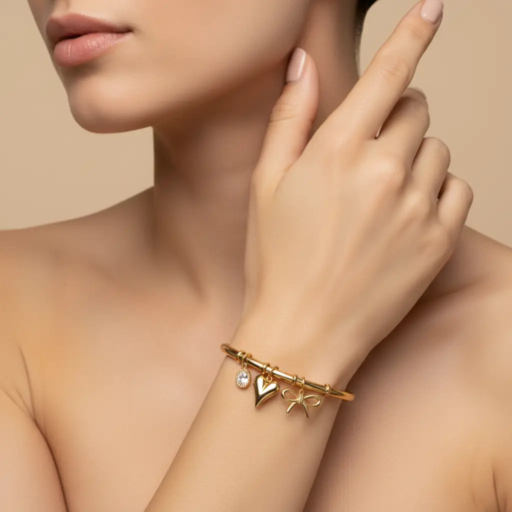 Anti-Tarnish Gold Charm Bangle Bracelet View 1 - Trendy Jewel