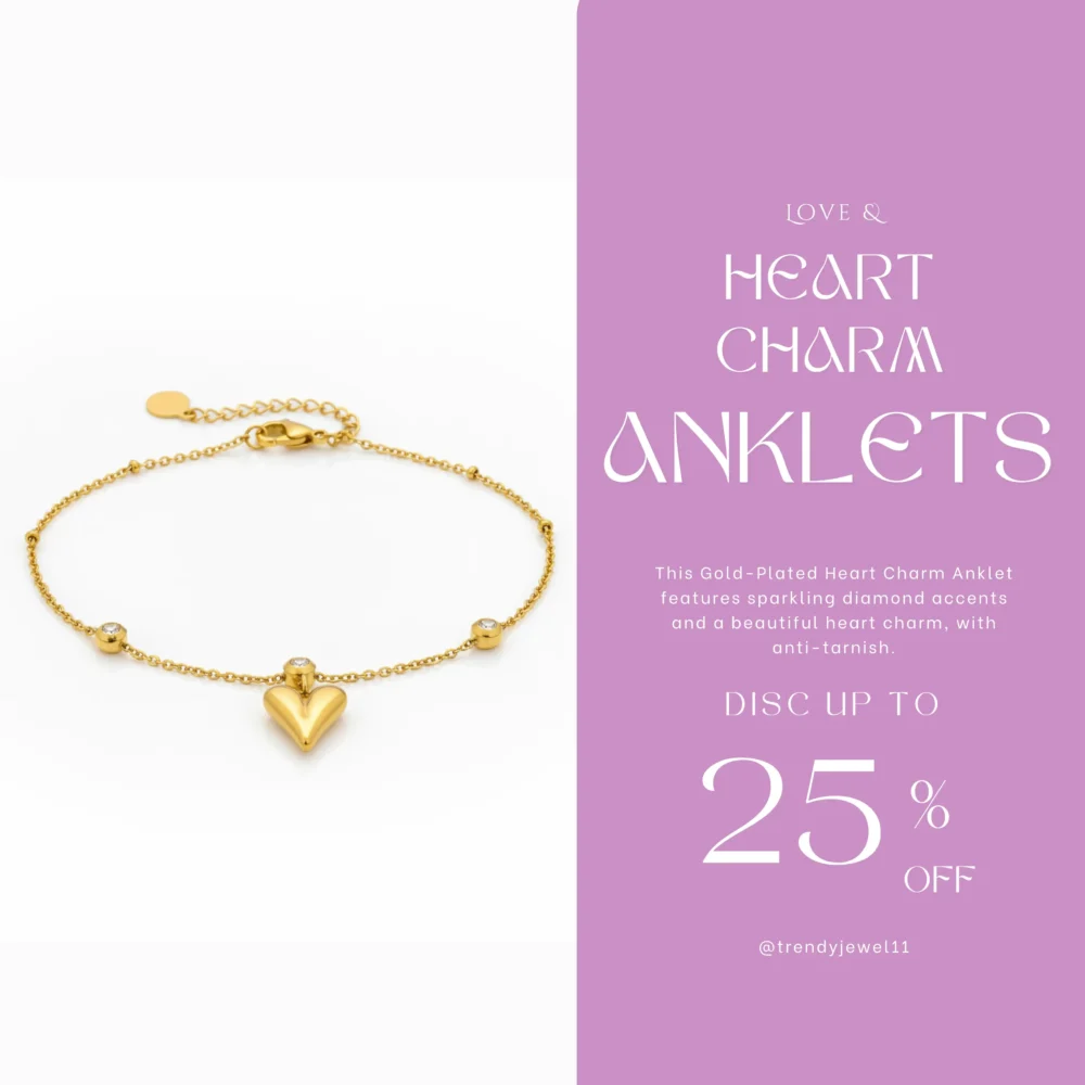 Gold-Plated Heart Charm Anklet with Diamond Accents | Trendy Jewel | Anti-Tarnish Jewellery for Women
