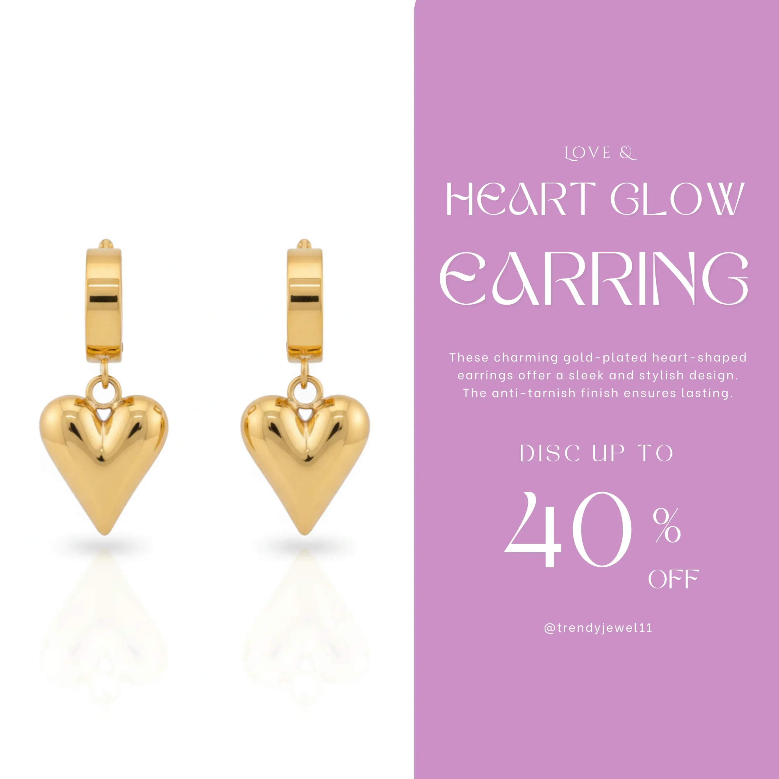 Gold Plated Heart Shaped Earrings View 2 - Trendy Jewel