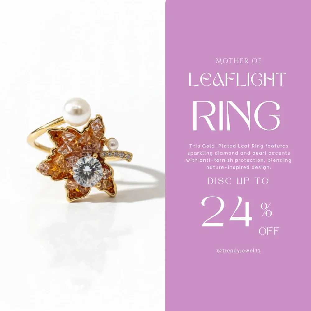 Gold-Plated Leaf Ring with Diamond & Pearl Accent | Trendy Jewel | Anti-Tarnish Jewellery for Women