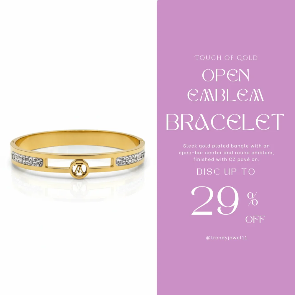 Gold Plated Open-Bar Emblem Bangle | Trendy Jewel | Anti-Tarnish Jewellery for Women | CZ Pavé Sides
