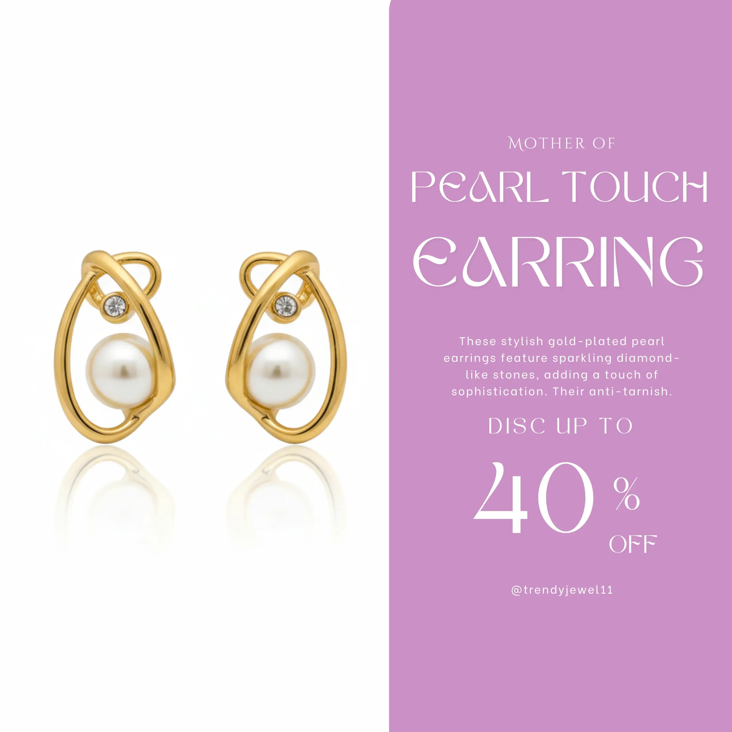 Gold Plated Pearl Earrings with Diamond-Like Stones View 2 - Trendy Jewel